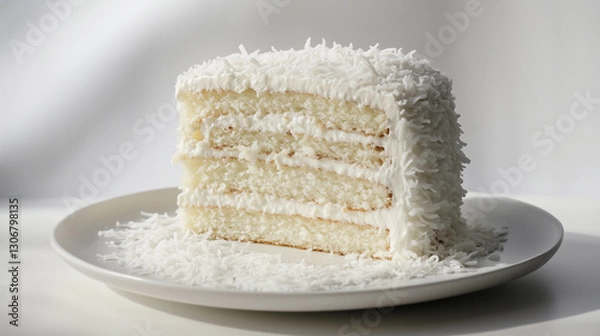 Fototapeta Fluffy white coconut cake on a textured ceramic plate, dusted with fine coconut flakes. The plate is white and the cake is placed on a table.