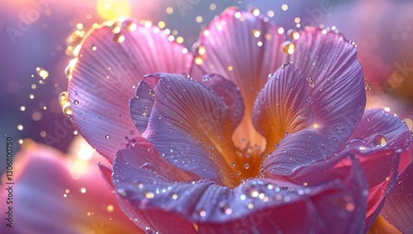 Fototapeta Macro Photograph of Delicate Pink Flower Petals with Dewdrops and a Golden Center in Soft Ethereal Light