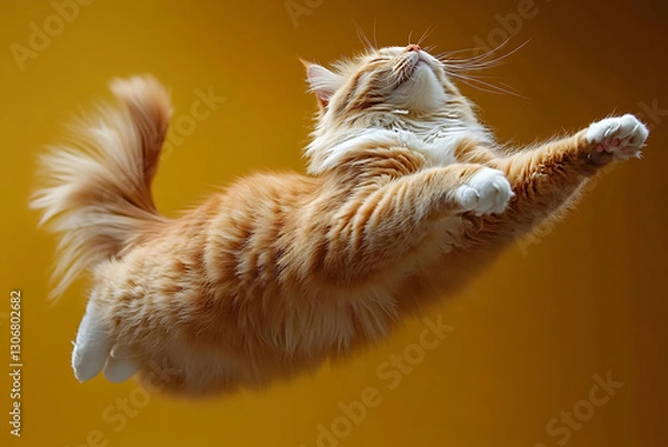 Fototapeta Ginger cat jumping on white background	