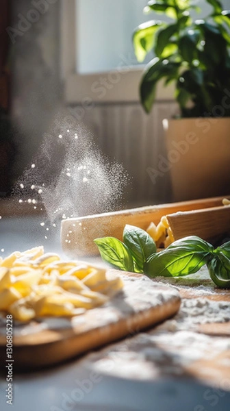 Obraz Homemade pasta with fresh basil. A rustic kitchen scene with flour-dusted pasta on a wooden board, basil leaves, and soft sunlight filtering through the window. A perfect Italian cooking moment.