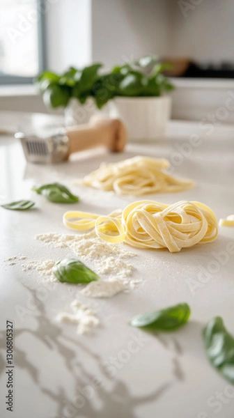 Obraz Fresh homemade pasta preparation. Neatly twirled fettuccine nests on a floured countertop with basil leaves. A bright kitchen setting enhances the artisanal Italian cooking scene.