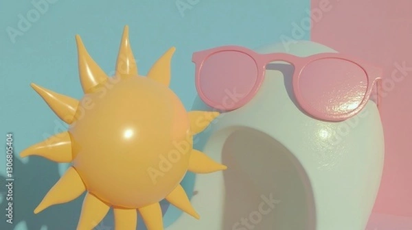 Fototapeta Pair of pink sunglasses resting on top of a white vase. the vase is placed against a light blue and pink background. on the left side of the image, there is a large yellow sun with spikes on its head.
