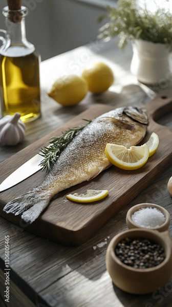 Obraz Fresh fish preparation. A whole fish on a wooden cutting board with lemon slices, rosemary, sea salt, and spices. A rustic kitchen setting, perfect for seafood cooking inspiration.