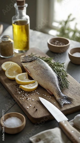 Obraz Fresh fish preparation. A whole fish on a wooden cutting board with lemon slices, rosemary, sea salt, and spices. A rustic kitchen setting, perfect for seafood cooking inspiration.