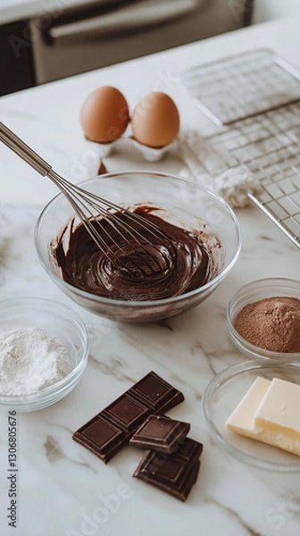 Obraz Brownie batter preparation. A glass bowl filled with rich chocolate batter, surrounded by baking ingredients like butter, cocoa, and eggs on a bright marble countertop. Perfect for dessert lovers.