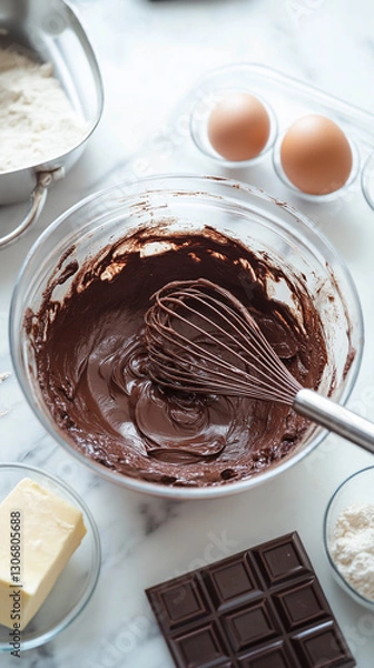 Obraz Brownie batter preparation. A glass bowl filled with rich chocolate batter, surrounded by baking ingredients like butter, cocoa, and eggs on a bright marble countertop. Perfect for dessert lovers.
