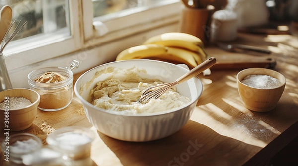 Obraz Homemade banana bread preparation. A mixing bowl with batter, fresh bananas, flour, and sugar on a sunlit wooden kitchen counter. Warm natural light enhances the cozy baking scene.