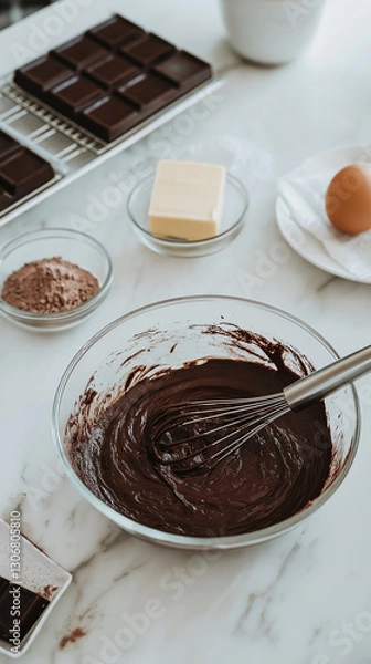 Obraz Brownie batter preparation. A glass bowl filled with rich chocolate batter, surrounded by baking ingredients like butter, cocoa, and eggs on a bright marble countertop. Perfect for dessert lovers.