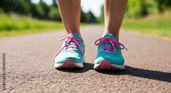 Obraz Colorful running shoes on woman's feet on asphalt road. Close-up view of bright sneakers for jogging. Fitness, exercise and healthy lifestyle concept. Summer outdoor sport activity.