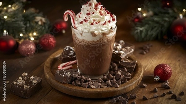 Obraz 12.A festive arrangement featuring a tall glass of hot chocolate garnished with whipped cream, candy cane bits, and chocolate chips, served on a wooden plate surrounded by holiday-themed decorations.