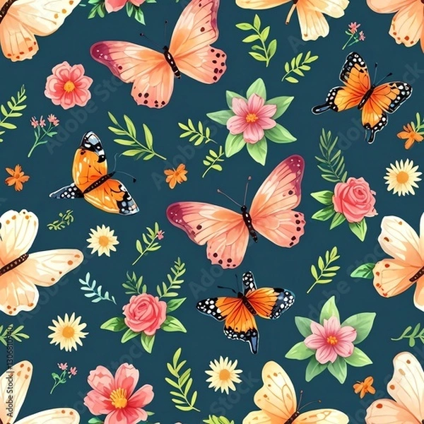 Obraz Vibrant Butterfly and Floral Seamless Pattern