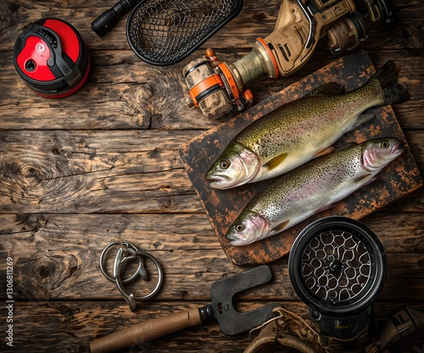 Fototapeta Bass and Trout on Rustic Wooden Surface with Fishing Equipment in style of High-Resolution Realistic Photograph For Rustic Background Use with Diffused Lighting and Ample Copy Space