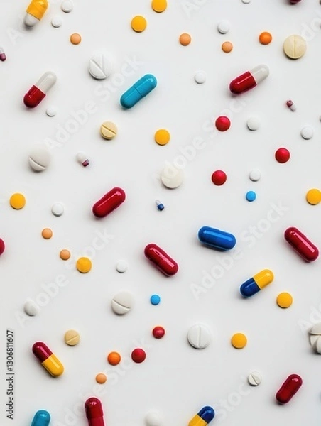 Fototapeta Colorful capsules scattered on a minimalist background showcasing medical elements and vibrant design aesthetics Generative AI