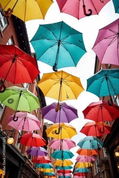 Fototapeta A kaleidoscope of umbrellas against gray skies , weather, wet street