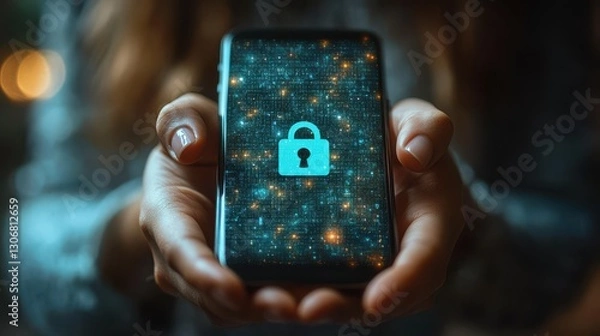 Fototapeta hand holding smartphone with security lock icon displayed digital security and technology concepts