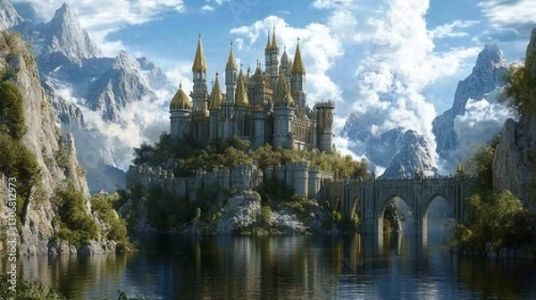 Fototapeta beautiful elven castle in a fantasy land with lake and mountain in the background
