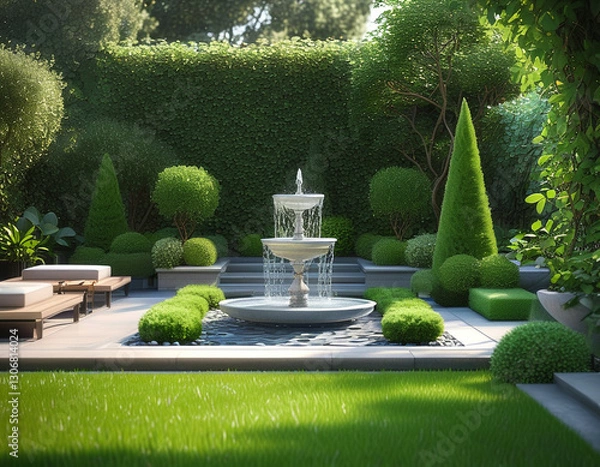Obraz luxury garden featuring a sleek water fountain, manicured lawns, and lush greenery. Include subtle outdoor lighting and comfortable seating areas.