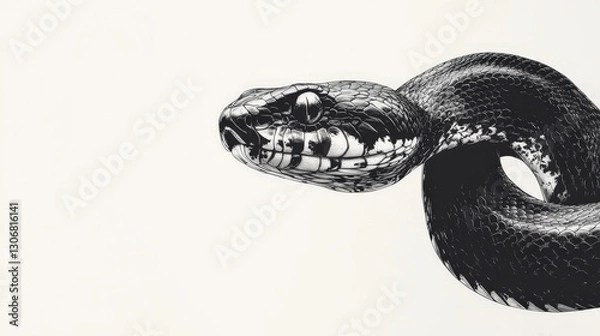 Obraz Captivating black and white illustration of a serpent's head; intricately patterned body spirals elegantly. Head tilts rightward as it gazes left, with piercing eyes adding depth and mystery