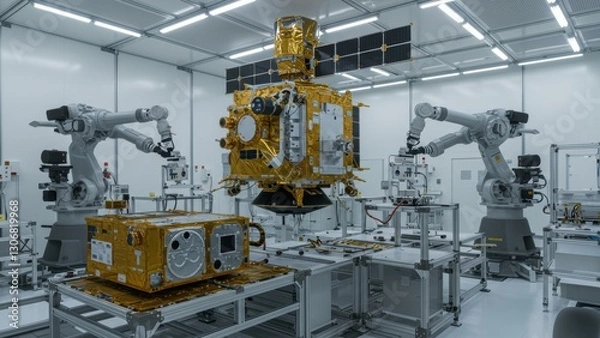 Fototapeta Robotic arms assemble satellite in a high tech laboratory environment focused on innovation and space exploration