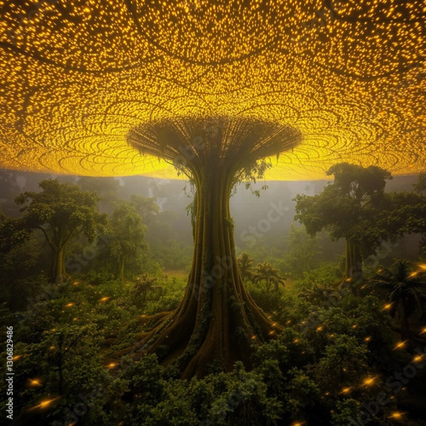 Fototapeta Enchanted Forest with Glowing Tree Canopy at Dusk