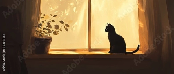 Fototapeta Beautiful Silhouette of Cat Sitting on Window Sill with Sunlight Streaming Through, Creating a Serene and Peaceful Atmosphere in a Cozy Home