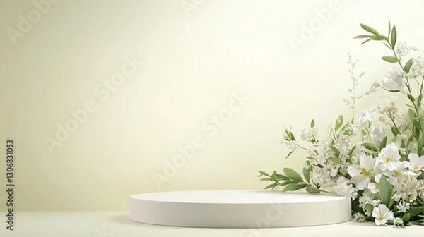 Fototapeta Elegant floral arrangement with white flowers and greenery on a pale background with pedestal.
