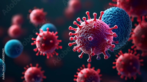 Fototapeta Red and Blue Virus Under Microscope in Close-Up