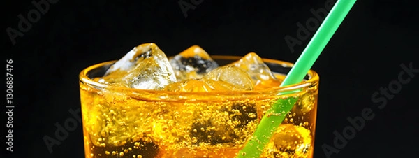Fototapeta A tall glass of yellowish soda with ice and bubbles
