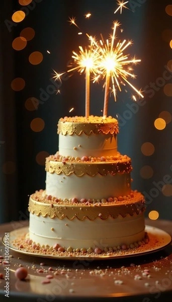 Fototapeta Golden three-tier cake with sparklers and confetti on elegant table, celebration, luxury