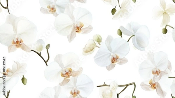 Fototapeta Seamless pattern with white orchids pattern, watercolor style, on white background. Concept of elegance and nature