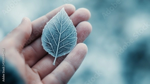 Fototapeta Hand gently holds a frozen leaf showcasing delicate vein patterns amidst a serene winter backdrop, capturing the beauty of nature's frost.
