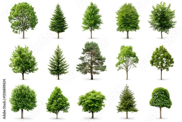 Fototapeta 3d realistic green trees collection isolated on white background