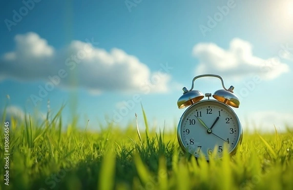 Obraz Alarm clock in green grass against bright blue sky with clouds. Time management abstract concept. Daylight saving time reminder. Spring forward. Clock on lawn. Summer season.