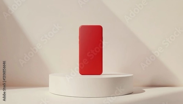 Fototapeta Red Smartphone on White Podium in Soft Light