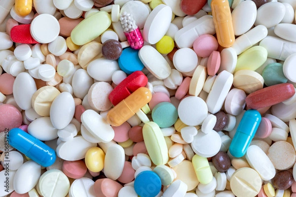 Obraz Close up of collection of colorful tablets pills capsules. Macro view