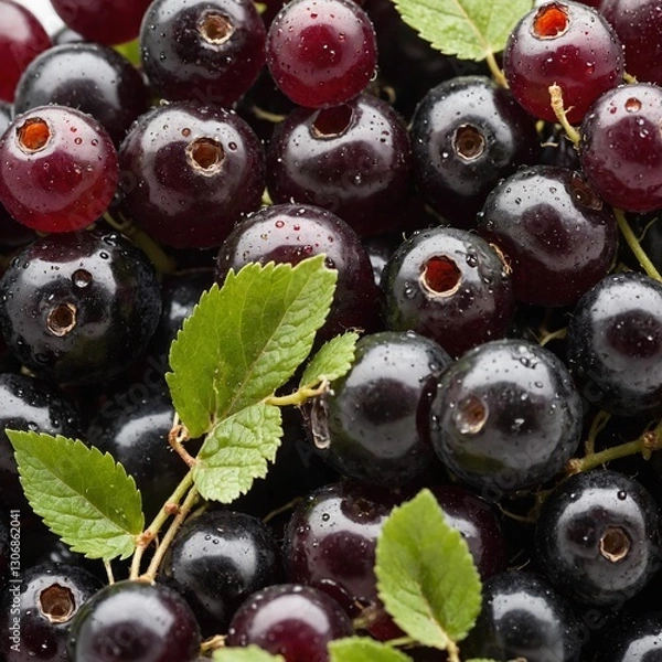 Fototapeta "A cluster of fresh blackcurrants with a glossy texture, arranged on a pure white background."
