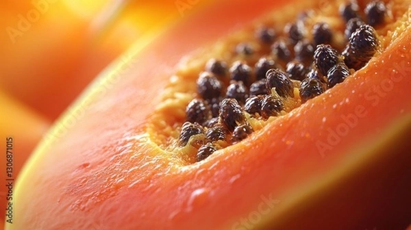 Fototapeta Close-up of a ripe papaya half, showcasing its vibrant orange flesh and numerous dark seeds.