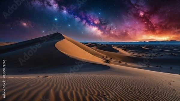Fototapeta Sand dunes permeated with ethereal light and captivating nebula clouds that evoke infinite mystery. Generative AI.