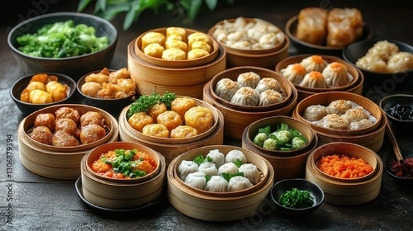 Fototapeta traditional chinese dim sum plates arranged on a table with bamboo basket