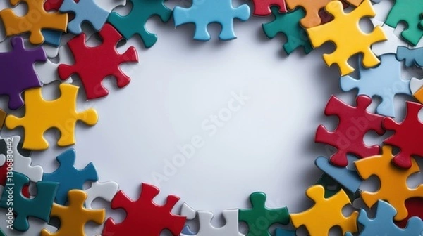 Obraz Colorful puzzle pieces arranged in a circular frame on a plain background, perfect for creativity, education, or problem-solving themes in design projects