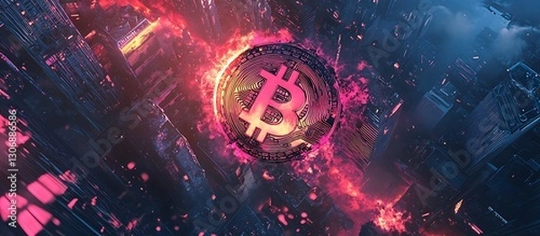 Fototapeta Cracked Bitcoin Coin with Smoldering Fire Over Futuristic Crumbling City