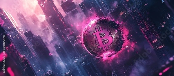 Fototapeta Cracked Bitcoin Coin with Smoldering Fire Over Futuristic Crumbling City