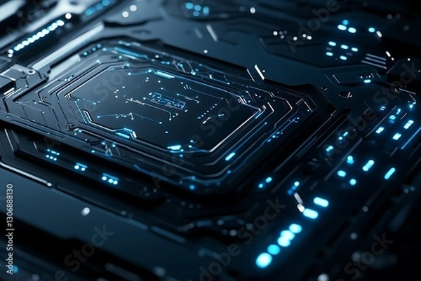 Fototapeta Futuristic Black and Neon Blue AI Circuit Board Background