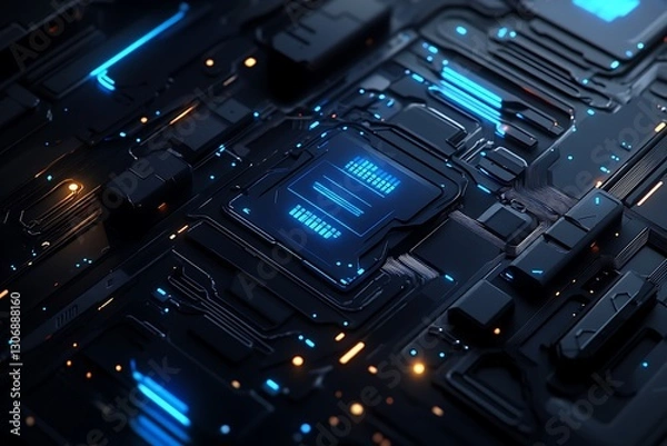 Fototapeta Futuristic Black and Neon Blue AI Circuit Board Background