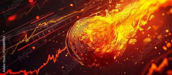 Fototapeta Molten Bitcoin Melting in Flames Against Financial Chart with Red Graph