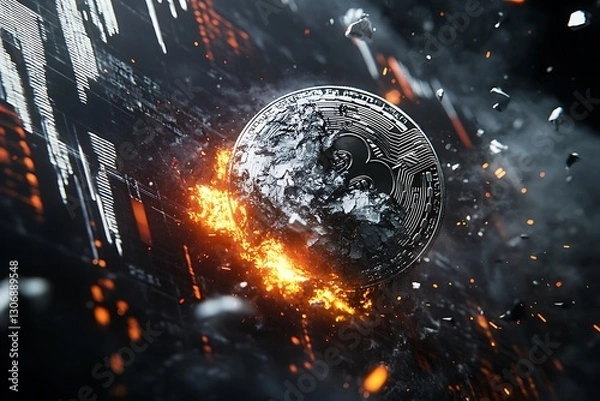 Fototapeta Silver Bitcoin Turning to Charcoal Amid White-Hot Flames and Shattered Stock Ticker