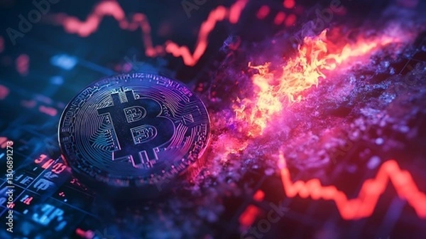 Fototapeta Burning Bitcoin with Blue and Purple Flames Disintegrating on Stock Market Board
