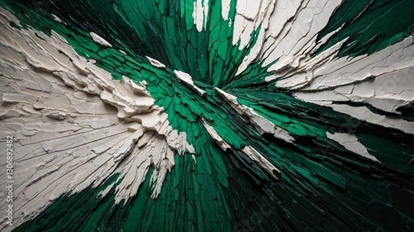Fototapeta Abstract wallpaper with contrasting green and white colors. The impression of a peeling layer or natural geological structure, similar to a torn or eroded surface. Generative AI.