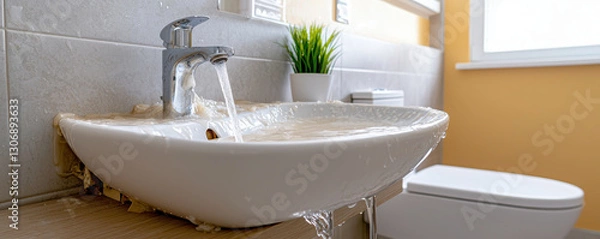 Fototapeta Overflowing sink causing water damage in cluttered bathroom, highlighting need for immediate attention and repair. scene captures urgency of plumbing issues