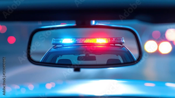 Fototapeta Police lights flash in rearview mirror, symbolizing law enforcement presence and urgency on road. scene captures moment of tension and alertness